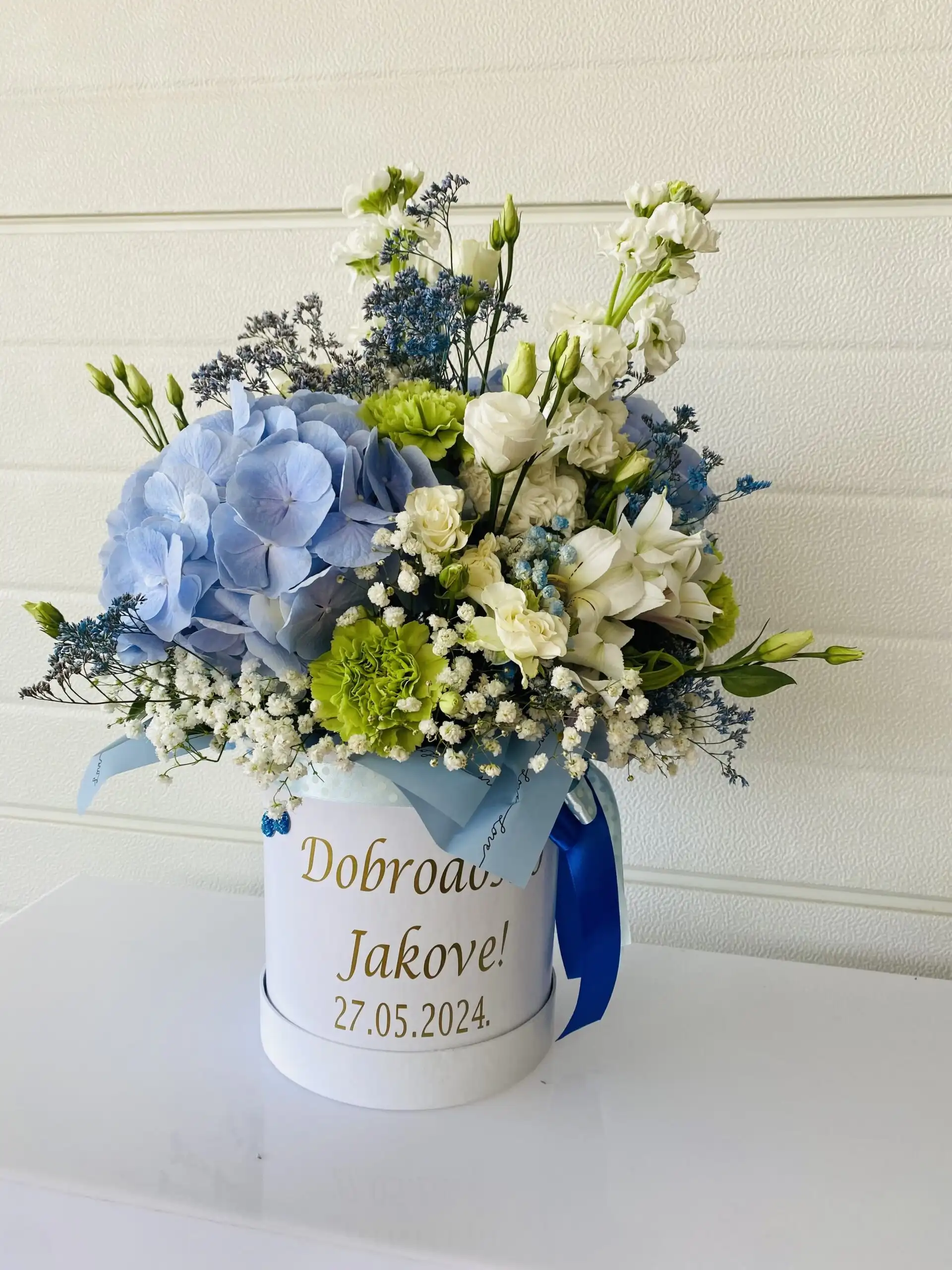 Floral arrangement in a flower box.