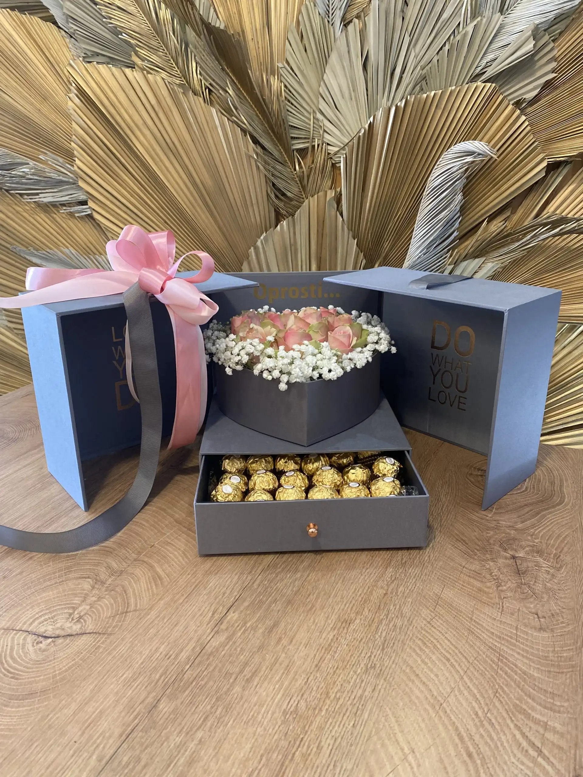 Floral arrangement in a flower box.