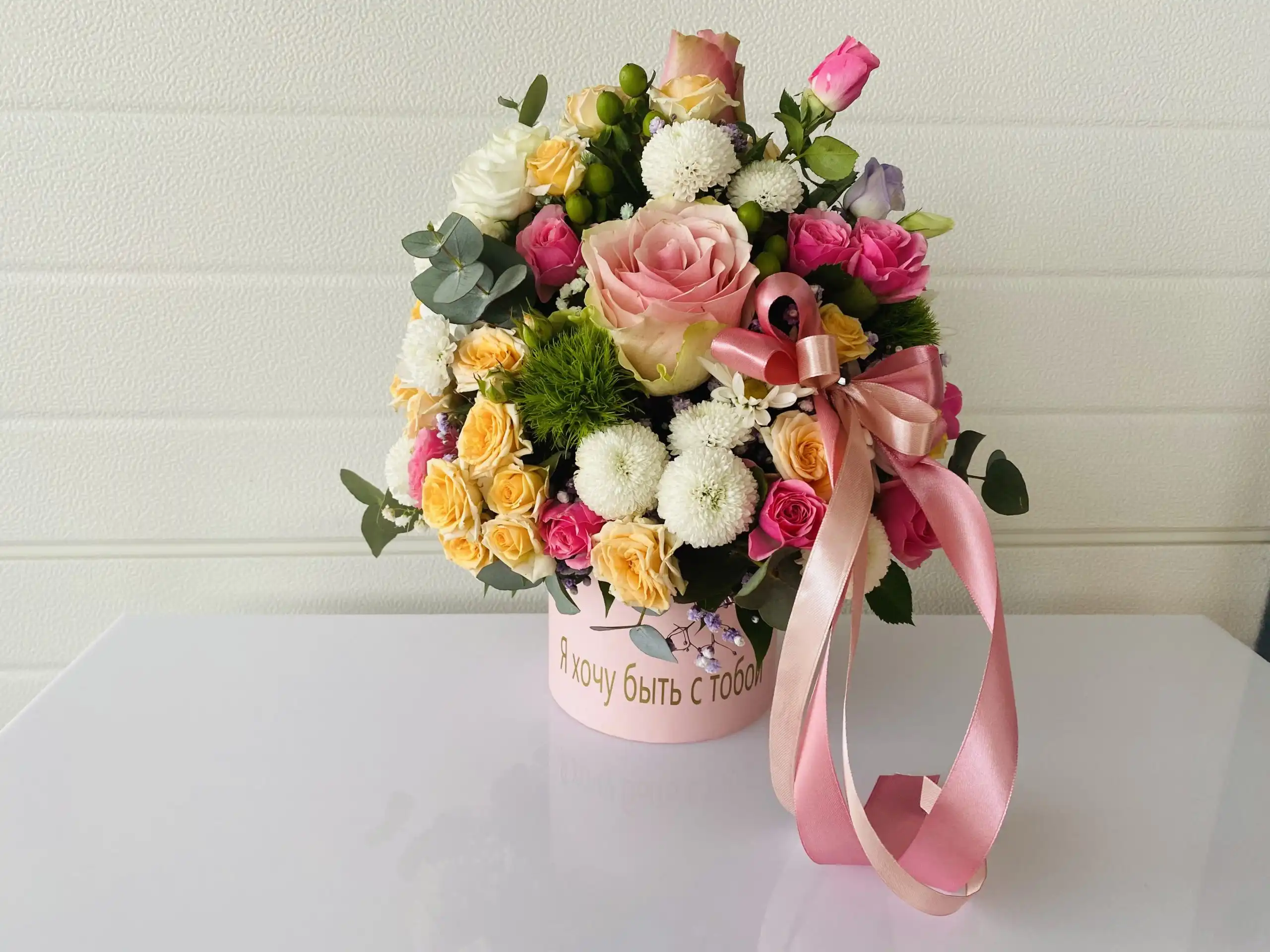 Floral arrangement in a flower box.