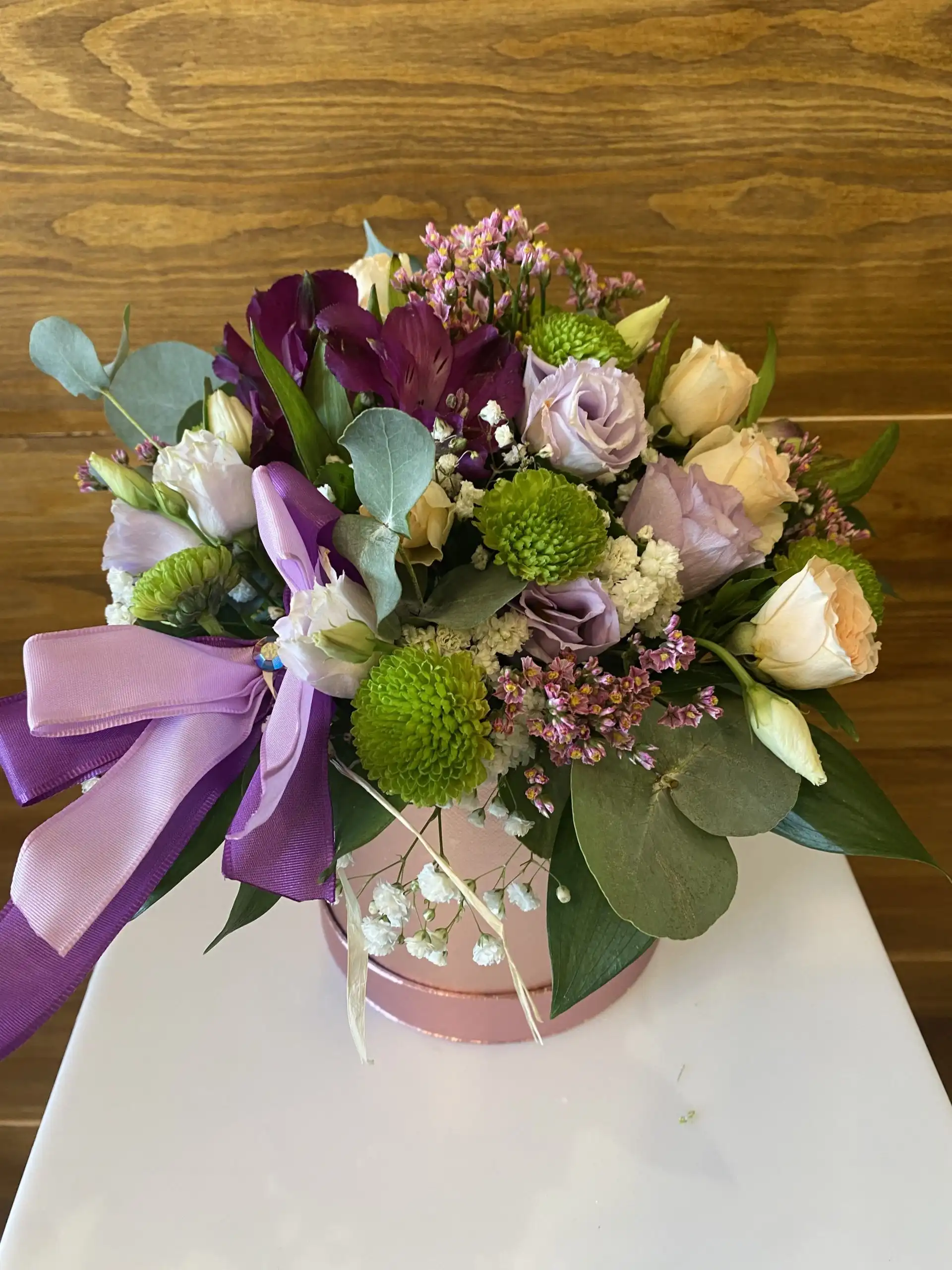 Floral arrangement in a flower box.