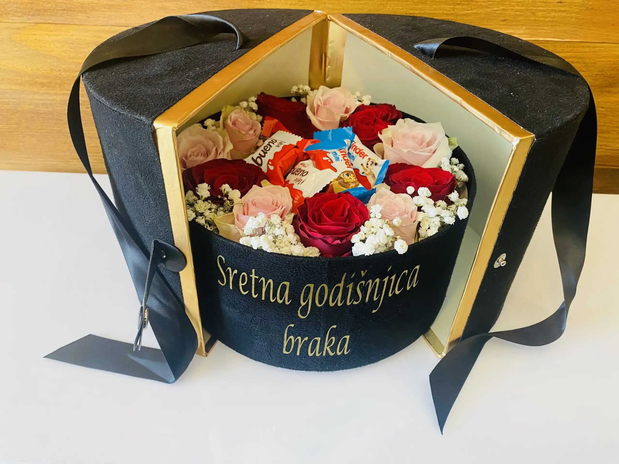 Floral arrangement in a flower box.